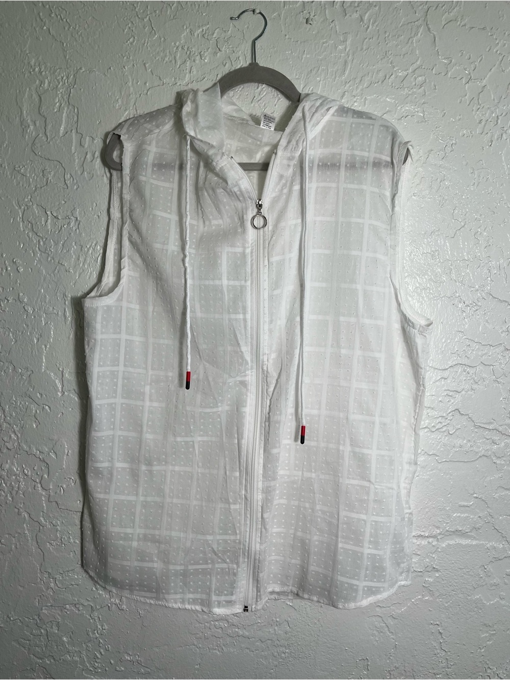Women’s White Sleeveless Hooded‎ Zip Up Top XXL Cotton Swiss Dot Casual